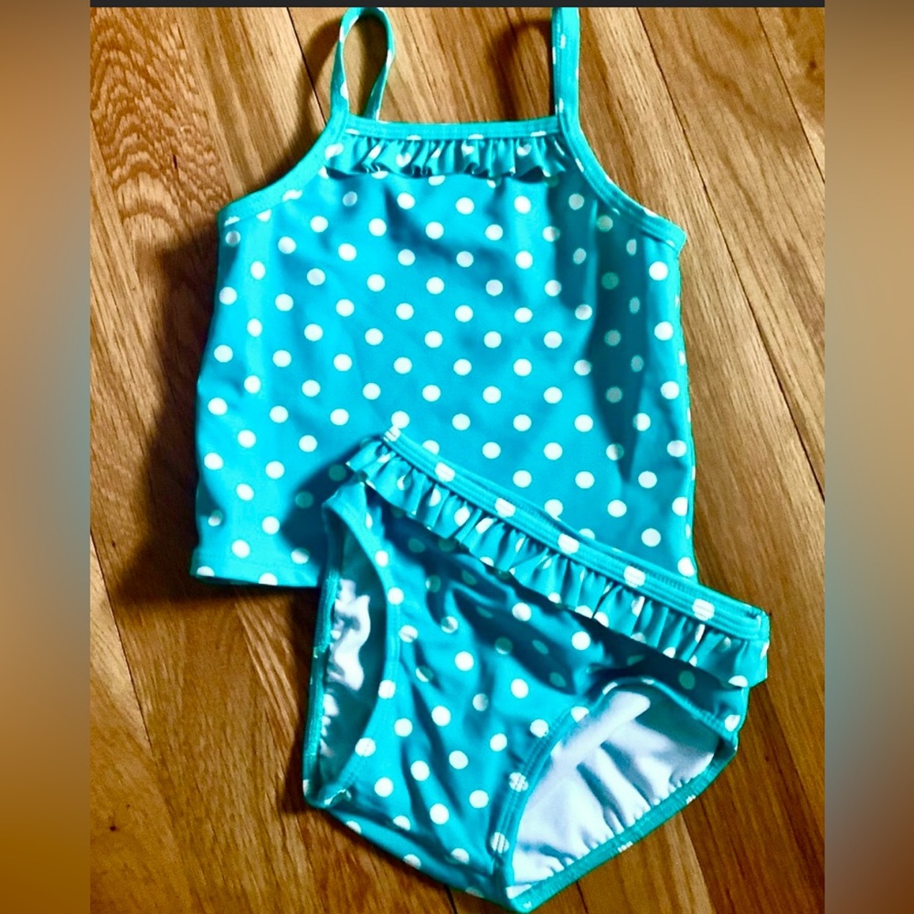 Hanna Andersson Girls’ 80 (18-24m)Green/White Polka Dot Ruffled Tankini Swimsuit
